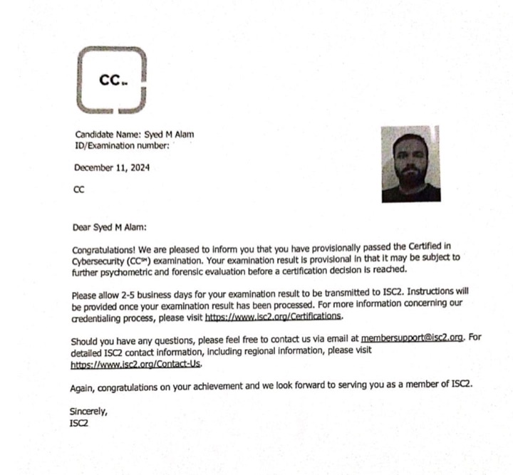 ISC2 Certified in Cybersecurity certificate